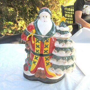 VTG FATHER CHRISTMAS CERAMIC COOKIE JAR W/TREE & SACK OF TOYS